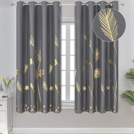Estelar Textiler Palm Leaves Blackout Curtains 63 inch Length 2 Panels for Bedroom, Light Blocking Blackout Drapes, Thermal Insulated Window Grommet Curtains for Living Room, 52Wx63L, Dark Grey
