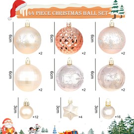 Set of 44 Champagne Gold Christmas Baubles, Diameter 6/4.3/3 cm, Christmas Decoration Baubles with Hooks, Pendant Christmas Tree Baubles, Plastic Christmas Baubles, Christmas Tree for Christmas Party,