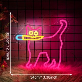 Cautiously Cat Neon Signs, Funny Cat With Knife Neon Light for Wall Decor, Dimmable Animal Sign for Restaurant Kitchen Kid Room Pet Shop Bedroom Home Party Decor (Magenta)