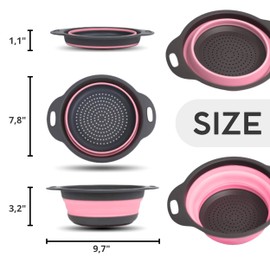 Pink Round Silicone Colander Collapsible – Foldable Kitchen Strainer Small Collapsible Colander Pink with Plastic Handles for Draining Vegetable and Fruit Round Silicone Kitchen Strainer for Pasta