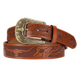 CHAOREN Leather Western Belt - 1.5" Cowboy Belts for Men - Vintage Engraved & Embossed Buckle