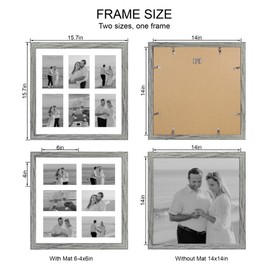 Hongkee 14x14 Picture Frame Set of 2, Grey with Glass Collage Frame, Display Photo Six Opening 4x6 With Mat or 14 x 14 Without Mat - Horizontal or Vertical Wall Mounting