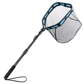 PLUSINNO Floating Fishing Net for Steelhead, Salmon, Fly, Kayak, Catfish, Bass, Trout Fishing, Rubber Coated Landing Net for Easy (19.7"/50cm Hoop Size Length 1.35M Blue (Telescopic Pole))
