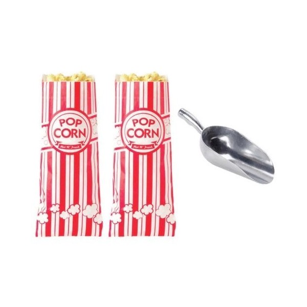 Popcorn Bags by Carnival King (200 pieces) with Poppi's Popcorn Scooper, 2 oz bags, Red & White