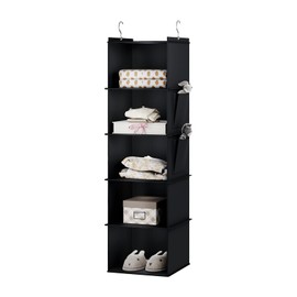YOUDENOVA Hanging Shelf, Wardrobe Organiser, Hanging Storage with Bamboo Sticks and MDF Panels, Reinforced for Clothes, Space Saving and Foldable, Bamboo Inserts, 5 Compartments, Black