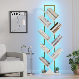 Qupui Tree Book Shelf with LED Lights, 9 Tier Floor Standing Bookcase, Classical Corner Shelf Kids Bookshelf, Tall Wood Book Storage for Bedroom, Living Room, Home Office, White