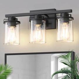 L LOHAS LED 3-Light Bathroom Light Fixtures, 17.8-Inch Black Bathroom Vanity Light with Clear Glass Shade, Modern Vanity Lights for Bathroom Light Fixtures Over Mirror Living Room Hallway, E26, ETL