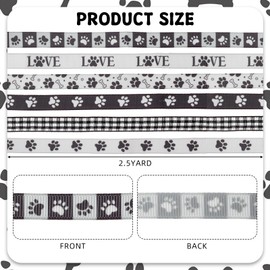 letsinstyle 6Pcs 2.5 Yards Cartoon Printed Cotton Ribbon, Paw Print Twill Tape Ribbons, Sewing Accessories for DIY Craft Wrapping Floral Decor Valentines Wedding and Party Decoration