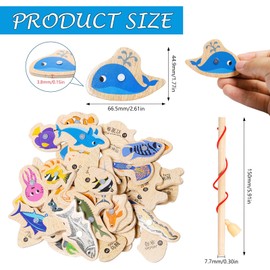 Sxutop Pack of 54 Magnetic Fishing Game, Wooden Toy, Fishing Toy, Wooden Puzzles, Educational Toy with Two Wooden Fishing Rods, Montessori Toy, Children's Gift for Girls and Boys, Children's Games