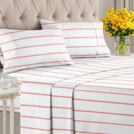 4 Piece Red Striped Sheets for Full Size Bed – Luxury Flat Sheet 81 x 96, Fitted Sheet 54 x 75 and 2 Pillowcases 20 x 30 – Deep Pocket, Soft Red and White Sheets – Oeko-TEX Stripe Sheet Set
