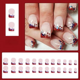 24Pcs Red French Tip Press on Nails Short Square 4th of July Fake Nails with Red Glitter American Flag Star Sequins Design Acrylic Nails Patriotic Glue on Nails Stick on Nails for Women Decoration
