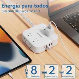 Glückluz Regleta Multicontacto, Conector Multiple con 8 Enchufes de CA y 4 USB (2 USB C), Protector de Sobretensión con 1.5 M Plana Enchufe Extensión, Enchufe múltiple para el Hogar, Oficina, Cocina