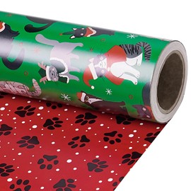 RUSPEPA Reversible Christmas Cat Wrapping Paper Roll, Mini Roll, Santa Cats on Green and Paw Prints on Red, Holiday Gift Wrap for Cat Lovers, Christmas, Winter Party, 17 Inches x 16.4 Feet