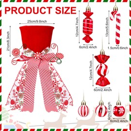 Liliful 25 Pcs Christmas Tree Topper Decor Set Christmas Candy Canes Tree Topper Red Hat with Peppermint Striped Bow Ribbon and Lollipop Hanging Balls for Holiday Christmas Party Tree Decor