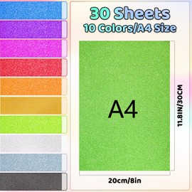 30 Sheets Glitter Cardstock, 10 Colors Self-Adhesive Glitter Paper, Premium Cardstock for Cricut, Glitter Sticker Paper for Crafts, DIY Projects, Sparkly Paper for Card Making
