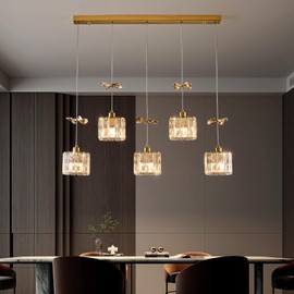 BADUO Island Lights for Kitchen, 5-Light Kitchen Island Lighting with Adjustable Rods, Luxury Gold Crystal Pendant Lighting Hanging, Modern Linear Chandelier for Dinning Room Light Fixture