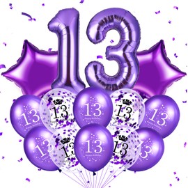 13th Birthday Balloon Decorations 40 Inch Large Number 13 Birthday Star Balloons Purple Teenager Confetti Latex Balloons for Girls Boys Teenager Party Decorations 13 Year Old Anniversary Supplies