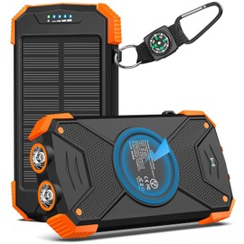 Power Bank, Banco de energía solar, cargador portátil Qi Batería externa de 10,000 mAh Tipo C Puerto de entrada Linterna dual, brújula (IPX4 a prueba de salpicaduras, a prueba de polvo, a prueba (Naranja)
