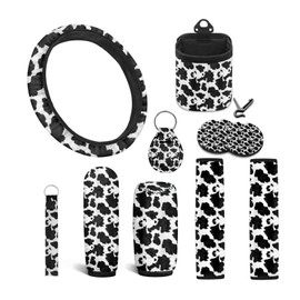 Yspwyqan 10 Pcs Cow Print Car Accessories Set Black Steering Wheel Cover,Shoulder Pad,Air Vent Storage,Handbrake and Shift Protector,Key Chain,Cup Holder Decorative Car Part Set
