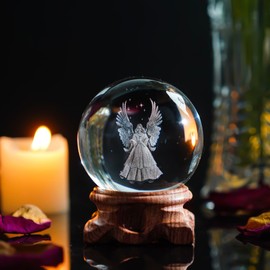 HDCRYSTALGIFTS 3D Angel Figurines Crystal Ball Full Ball Laser Engraved Paperweight Home Decoration Craft (Transparent)
