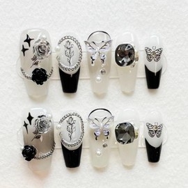【YN.SELECTION】handmade Press on nails，coffin press on nails short，10 pcs fake nails with designs Diamond，Using high hardness nails press ons，reusable false nails★Jelly glue version★Stars butterfly(S)
