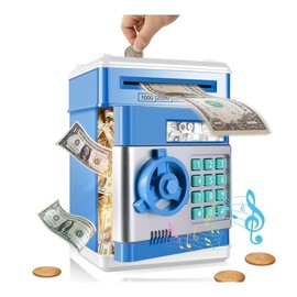 Bebeay Hucha para niños, Alcancia Electronica, Caja Fuerte De De Juguete, Protección De Cerraduras De Combinación, con Efectos Musicales, Papel Moneda Doble Uso, Regalo Ideal para 3+ Años (Azul)