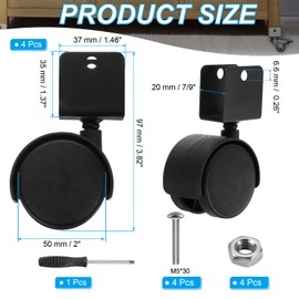 PATIKIL 2" Swivel Caster with 7/9" U Bracket, 4 Pack 360° Rotation Swivel No Noise Wheel Total Load Capacity 132 Lbs for Furniture Legs