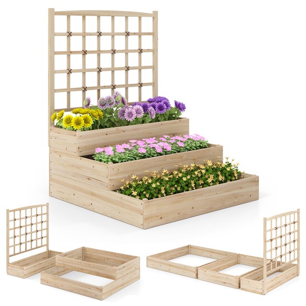 HAPPYGRILL 3-Tier Raised Garden Bed, Wooden Planter with Trellis &