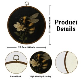 KLYTINK Vintage Bee Round Wall Art,Botanical InsectCanvas Prints with Frame, Bee Dark Floral Naturalist Decor for Kitchen, Study, or Bedroom(Bee-02)