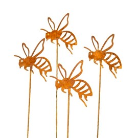 Set Of 4 Rusty Bee Garden Stakes 8x38cm Steel Metal Honeybee On Lawn Stick Decoration