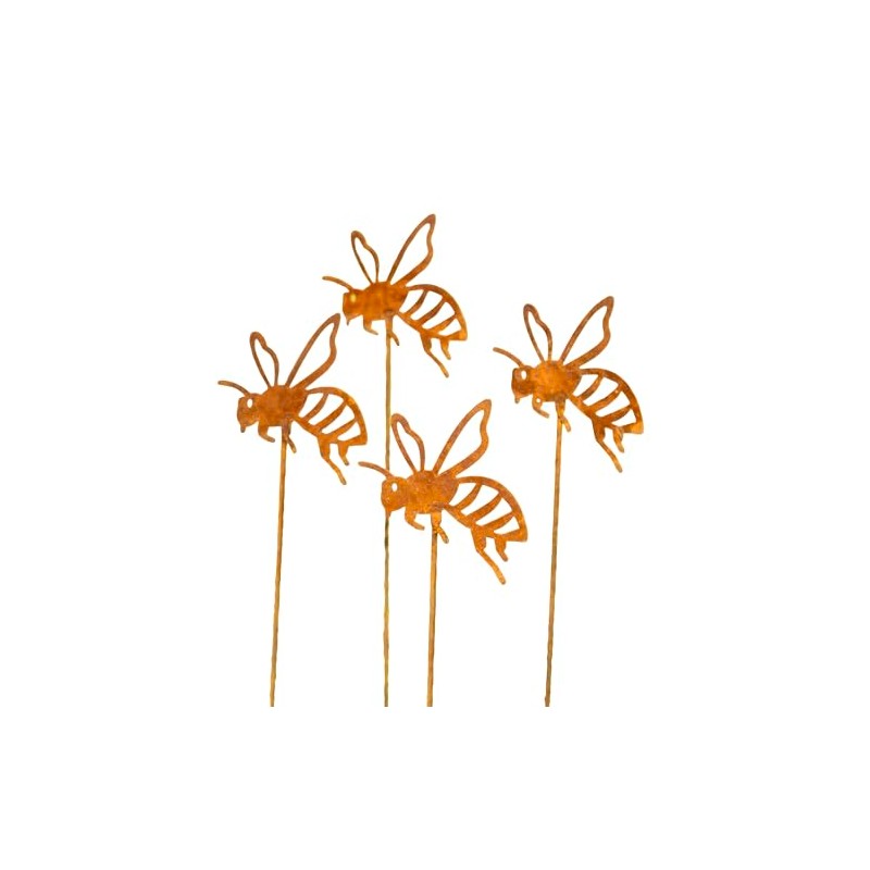 Set Of 4 Rusty Bee Garden Stakes 8x38cm Steel Metal