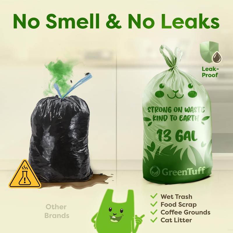 13 Gallon Compostable Trash Bags (40 Count) — Leakproof Plant-based