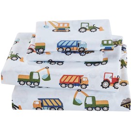 Fancy Linen Construction Excavators Dumping Trucks Tractors Light Blue Red Yellow Dark Blue Sheet Set for Boys/Teens Bedroom New (Full)