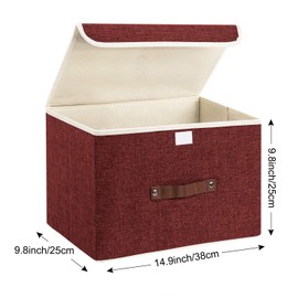 TYEERS Collapsible Storage Boxes, Washable Fabric Storage Bins with Lids, 14.9x9.8x9.8 inches, 3 Pack, Red Wine
