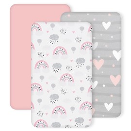 3 Pack Stretchy Bassinet Sheets - Universal Fit for Rectangle, Round, Oval, Hourglass Cradles & Moses Baskets - Soft Breathable Fitted Bassinet Sheets Set for Baby - Pink & Grey Heart