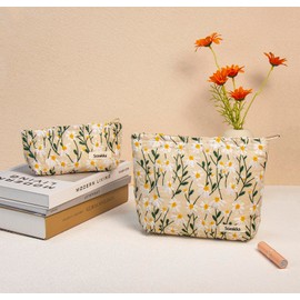 getgto 2 Pcs Makeup Bags, Large Cosmetic Bag Travel Toiletry Bag Organizer for Women, Floral Cosmetic Pouch Purse with Zipper Daisy