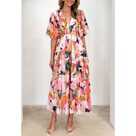 Sissyaki Women's Boho Floral Midi Dress Smocked Beach Flowy Dress Multi Pink Print M