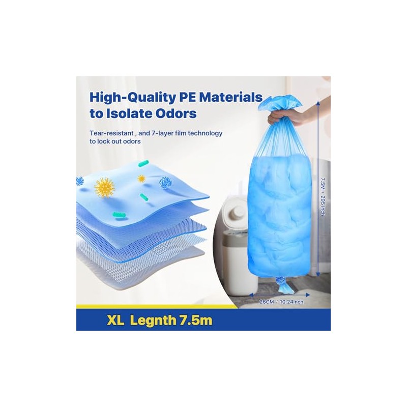 Nappy Bin Refills, 7.5m Extra-Long Diaper Pail Bags Compatible with