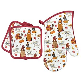 Thanksgiving Gnome Sweet Gnome Pumpkin Fall Leaves Turkey Decorative Kitchen Set 2 Potholders 1 Oven Mitt, Optional Super Value Item