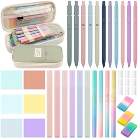 Harloon 40 Pcs Aesthetic School Supplies Includes Big Capacity Pencil Case Pastel Highlighter Quick Dry Ink Pen Mechanical Pencil Pencil Refill Clear Sticky Note 3 Erasers 9 Eraser Refills (Green)