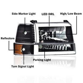 G-PLUS LED DRL Headlights Pair, Fit For 1992 1993 1994 1995 1996 Ford Bronco F150/1992-1996 F250 F350 Super Duty Headlamps w/Corner Signal, Clear lens Black Housing Amber Reflector