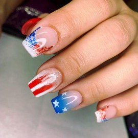 Independence Day Press on Nails Short Square Fake Nails with Star Design Red French Tip False Nails Acrylic Stick on Fingernails 4th of July Glossy Red White Blue Glue on Nails for Women