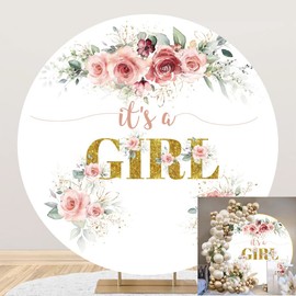 Yeele 7.5x7.5ft Its a Girl Baby Shower Round Backdrop Cover Watercolor Blush Pink Floral Photography Background for Gender Reveal Favors Girls Baby Shower Party Decorations Banner Photo Shoot Props