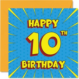 Fun 10th Birthday Cards for Boys Girls - Comic Book - Happy Birthday Card for Sister Granddaughter Grandson Son Daughter Brother Cousin Nephew Niece, 5.7 x 5.7 Inch Greeting Cards, 10th Birthday Card