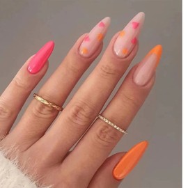 SINHOT French Tip Round Press on Naills Medium Fake Nails Heart Glue on Nails Orange Glossy False Nails Full Cover Oval Acrylic Nails for Women & Girls 24Pcs
