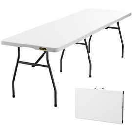 FanttikOutdoor 8ft Folding Table with Six Legs, 500 LBS Heavy Duty Plastic Fold-in-Half Table, Foldable Table w/Handle for Indoor Outdoor Party Wedding Office Camping Banquet, White Zeta X8 Pro