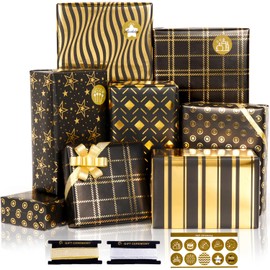 Birthday Wrapping paper 6 Sheets Black Gold Gift Wrapping Paper with Ribbon Stickers Metallic Foil Wrapping Paper for Birthday Christmas Holiday Graduation Wedding Baby Shower, 20x28 inch