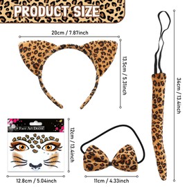RCYHCY Leopard Costume Set, 4 Pieces Carnival Leopard Costume Women Children Leopard Ears Headband, Leopard Tail, Bow Tie, Glitter Tattoo Face Sticker Set for Costume Party Decoration Accessories,