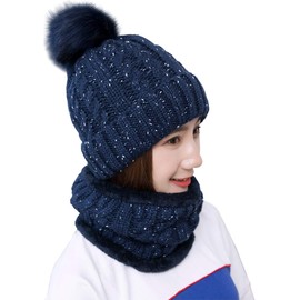 ZEXIAN Womens Girls Winter Warm Pom Knit Ski Beanie Hat and Scarf Set (Navy Blue)