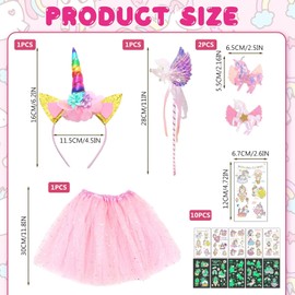 Luminous Unicorn Costume Set, with Unicorn Tutu, Fibreglass Glow Sticks, Headband, Hair Clips, Unicorn Tattoos, for Girls 3-8 Years, Children's Birthday Party, Carnival, Pink